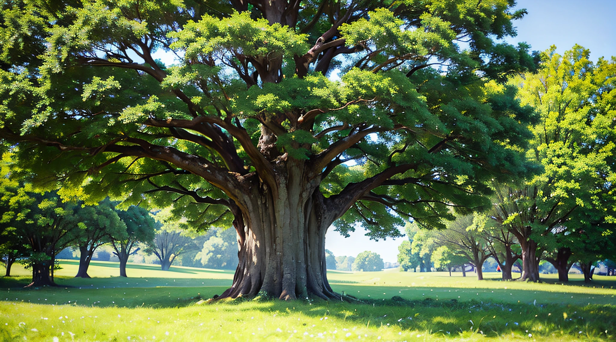Realistic view of a majestic ancient oak tree in a field,(There is a white door under the tree)