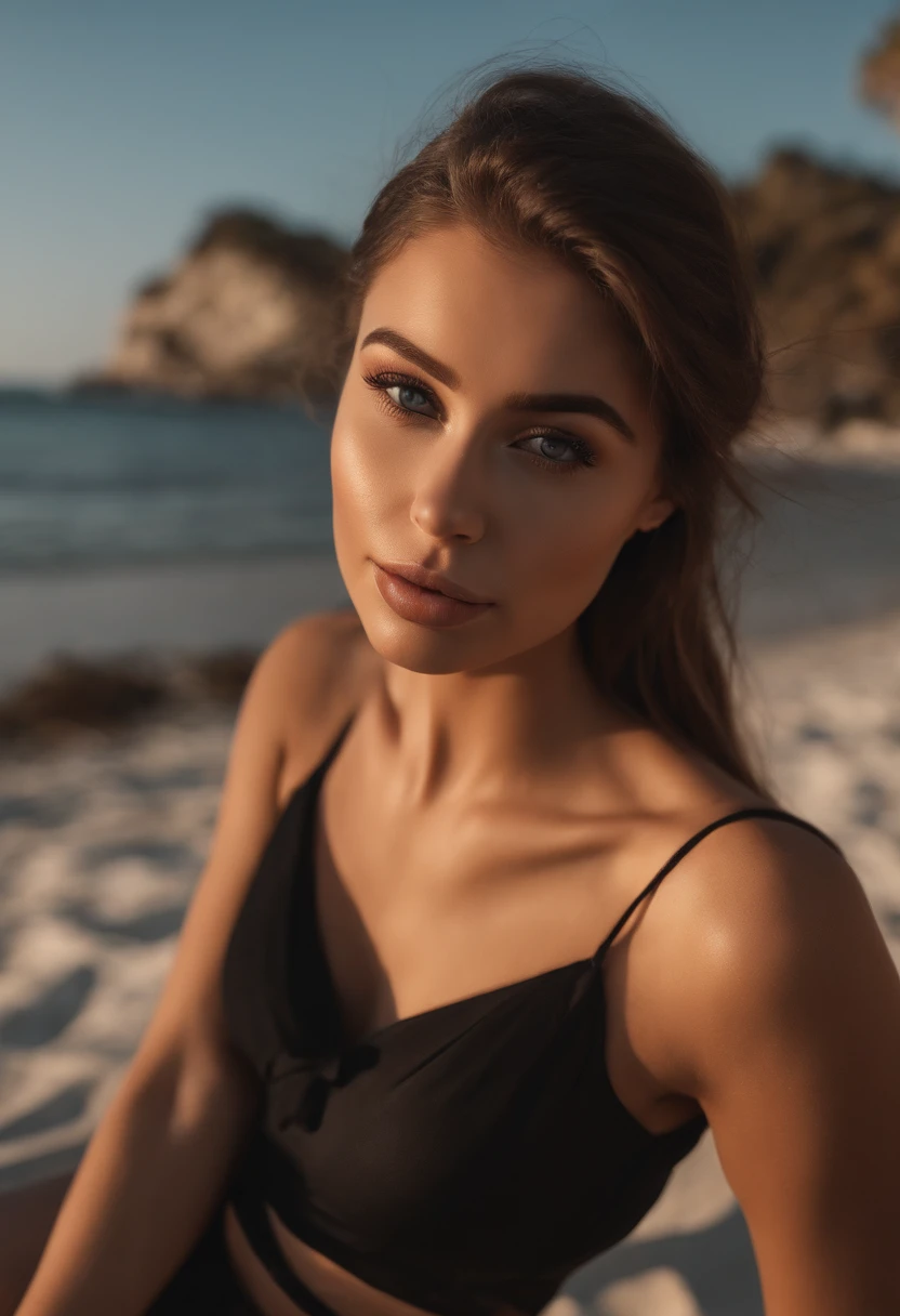 Latino and Swedish Woman, sexy girl with blue eyes, ultra realist, Meticulously detailed, Portrait Sophie Mudd, brown hair and big eyes, selfie of a young woman, beach background, black suite, with makeup, natural makeup, looking straight at camera , Face with Artgram, Subtle makeup, Great photo of the whole body kneeling on the bed, in the bedroom, Medium to large bust, in a sexy black bikini outfit, standing on the beach