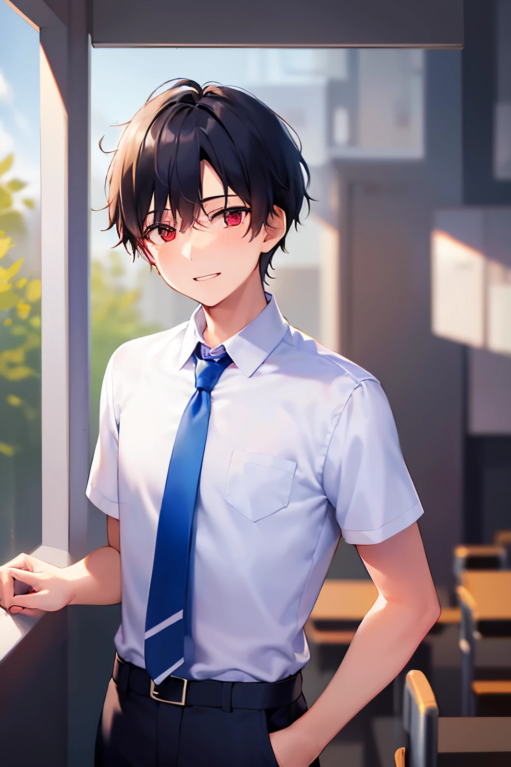 ​masterpiece、hightquality、18 year old male with short black hair and red eyes、Wearing a high school uniform、white  shirt、blue tie、(Alone:1.5)、(Happy look:1.1)、(Only the upper body is shown.:1.3)、be in a school classroom、Bold composition、