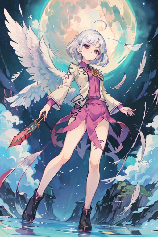 ((Best quality at best: 1.1), ((Anime girl in purple skirt)), in an art nouveau style, Shown in, ((white color hair))、Short hair details、((Jewel-like eyes and long transparent eyelashes))、Very beautiful girl, Anime manga girl, ((bare-legged)),Inspired by Reiko Ikemura, Aya Takano color style, Dragon Queen&#39;art-style, Tsundere personality, Guang Huili、with smile，Sit Pose，wings，Wings have white feathers，red color eyes，Booties，feathers floating in the air，Background light blue purple，themoon，（standing on your feet），（fly），Arrow hem，the complex background，kishin sagume，Chinese style architectural background，lunar surface，Earth，egret，seawater，