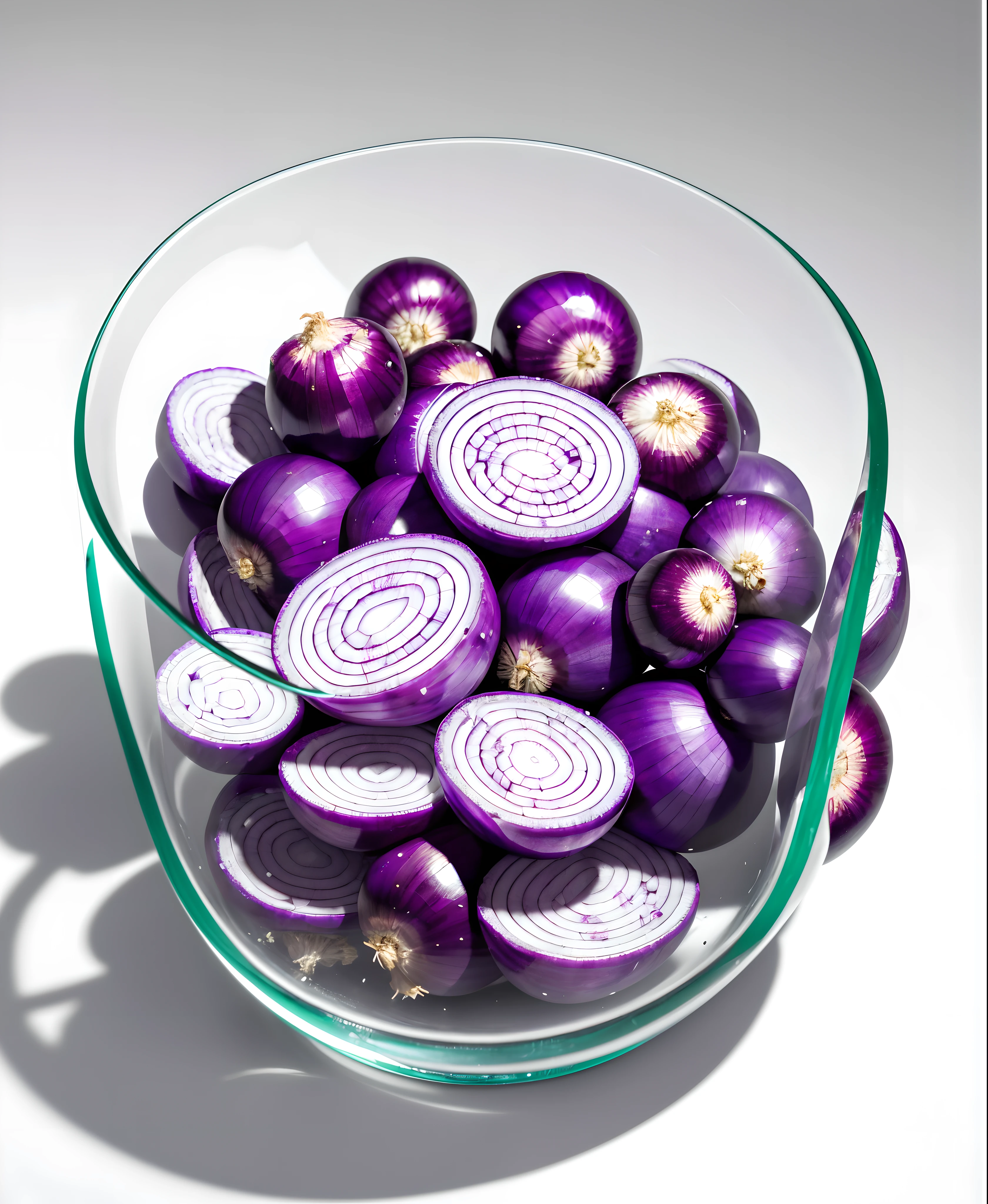 (Best quality at best,8K,tmasterpiece:1.3),without humans,clear glass bowl,There are eight pieces of purple onions in it, onion slices, blend, de tarhepodroso, intense detail, on the white background, Clear detail, professional,(hyper realisitc:1.3)