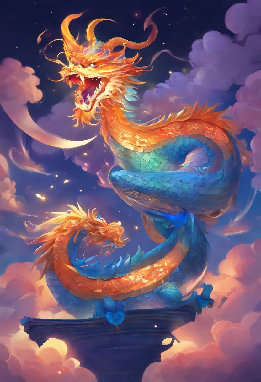 chinesedragon、With a hat on,Foot on auspicious clouds,Tiny cute、Frontal lighting,ultra - detailed、8k、Realistic depiction、Holding an ingot、Lively night market in the background、fire works、Firecrackers