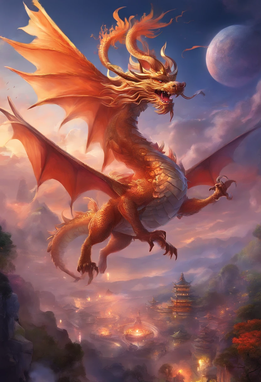 chinesedragon、With a hat on,Foot on auspicious clouds,Tiny cute、Frontal lighting,ultra - detailed、8k、Realistic depiction、Holding an ingot、Lively night market in the background、fire works、Firecrackers