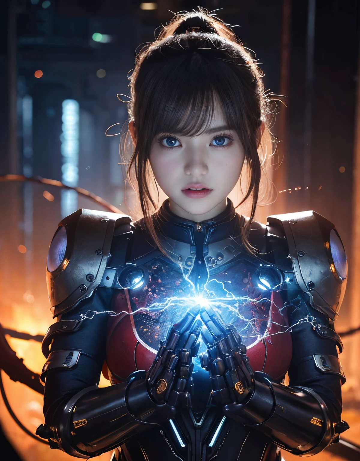 (1 Mechanical Girl)、top-quality、​masterpiece、超A high resolution、(Photorealsitic:1.4)、Raw photo、女の子1人、Fight mutants、glowy skin、(((1 Mechanical Girl)))、With a beautiful knife、（Red Metal Bodysuit）、(Fight goblings、ogre、Fierce battle with orcs),（Fight fiercely against aliens）、Fight fiercely、(beautiful forest background)、(Fighting Demonic Beasts)、(Small LED)、((super realistic details))、portlate、(Strong giant demon beast background),globalillumination、Shadow、octan render、8K、ultrasharp、Colossal tits、Raw skin is exposed in cleavage、metals、Details of complex ornaments、Japan details、highly intricate detail、Realistic light、(Mystical expression),CGSoation Trends、Blue eyes、radiant eyes、Facing the camera、neon details、(Mechanical limbs)、(blood vessels connected to tubes)、(Wires and cables connecting to the head)、Small LED、,Mechanical thighs、Toostock、（Hands are also made of machines）、（Attack of the Monster Beasts）、