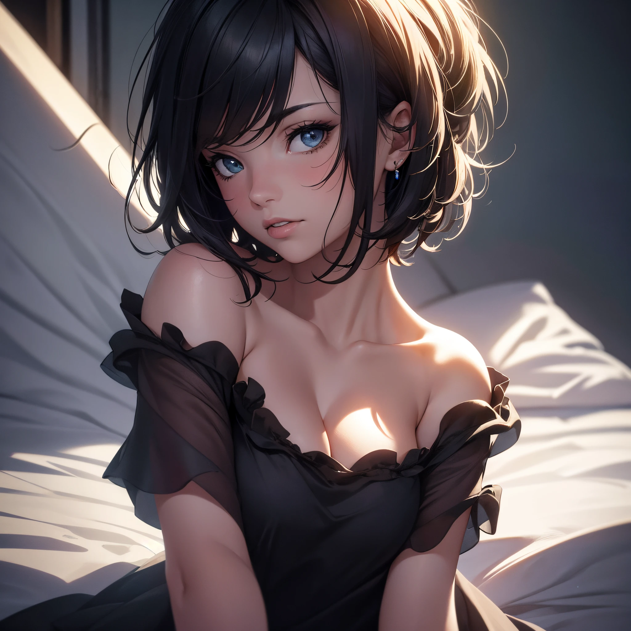 Best quality, masterpiece, ultra high res, (photorealistic:1.5), raw photo, 1girl, offshoulder, in the dark, deep shadow, low key, cold light, sexy look, short hair