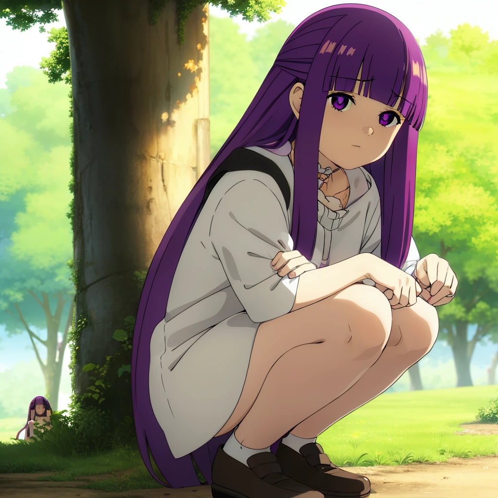 (masterpiece), (finely detailed beautiful eyes: 1.2), 1girls, solo, cute, (long hair), purple hair, hairclip, (sweatting), 1 girl, purple eyes, purple messy hair, white T shirt, navy blue short pants:1.3, park, rhythmic gymnastics, acrobatic posture:1.3, ((squatting:1.2)), (looking at viewer), thighs:1.2, blush, (windy)