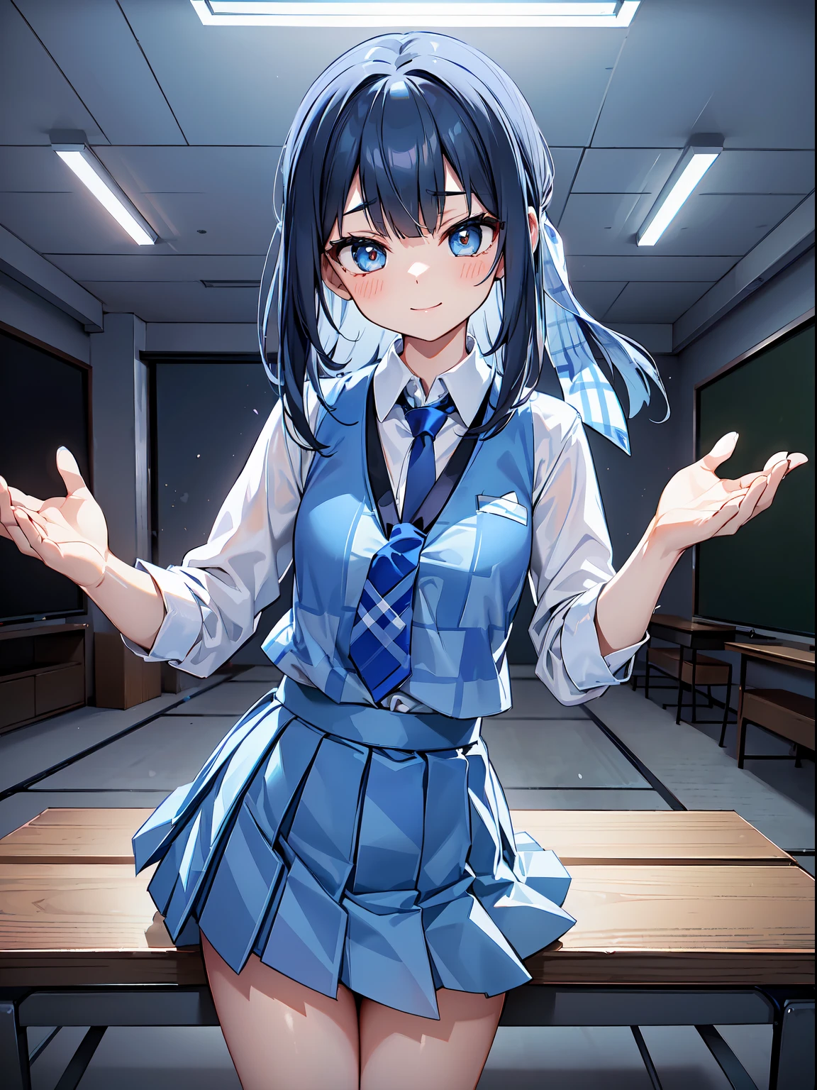 (RAW Photos, Best Quality), (animesque: 1.2), (2,sweet japanese gal), (Long Straight, Wolfcut), (Sharp facial features), (Highest Quality:1.2), Wet body, Glossy lips, Smile, 鎖骨, Pretty face, (The face is small), Beautiful eyes, long eyelashes, slenderbody, ((blue tie:1.5, Blue pleated skirt with check pattern:1.5)), (hug), (school classrooms), Soft lighting, High quality, Professional Lighting, Photon mapping, Physically Based Rendering, Perfect limbs, Perfect Anatomy, tre anatomically correct,
