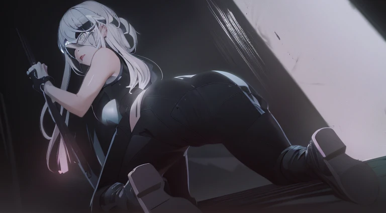 sexy white hair gamer girl, ite body in tight bikini and shirt, sexy ass shape , medium sized ass, small waist, bending over on wall, back angle, getting arms pulled behind her back and dick on her ass