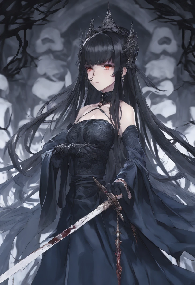 HD quality details,full bodyesbian,anime girl with long hair and blue dress holding a sword, 《the original god》Keqing in, Ayaka Genshin impact, 《the original god》Zhongli in Zhongli, ayaka game genshin impact, the original god, Genshin impact's character, heroines 👀 :8, Female anime characters, onmyoji portrait, Detailed anime character art, black-haired mage,The background is numerous skulls