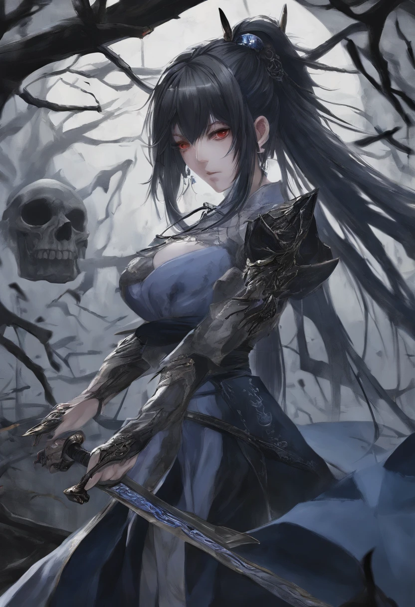 HD quality details,full bodyesbian,anime girl with long hair and blue dress holding a sword, 《the original god》Keqing in, Ayaka Genshin impact, 《the original god》Zhongli in Zhongli, ayaka game genshin impact, the original god, Genshin impact's character, heroines 👀 :8, Female anime characters, onmyoji portrait, Detailed anime character art, black-haired mage,The background is numerous skulls