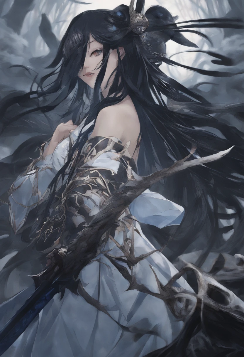 HD quality details,full bodyesbian,anime girl with long hair and blue dress holding a sword, 《the original god》Keqing in, Ayaka Genshin impact, 《the original god》Zhongli in Zhongli, ayaka game genshin impact, the original god, Genshin impact's character, heroines 👀 :8, Female anime characters, onmyoji portrait, Detailed anime character art, black-haired mage,The background is numerous skulls