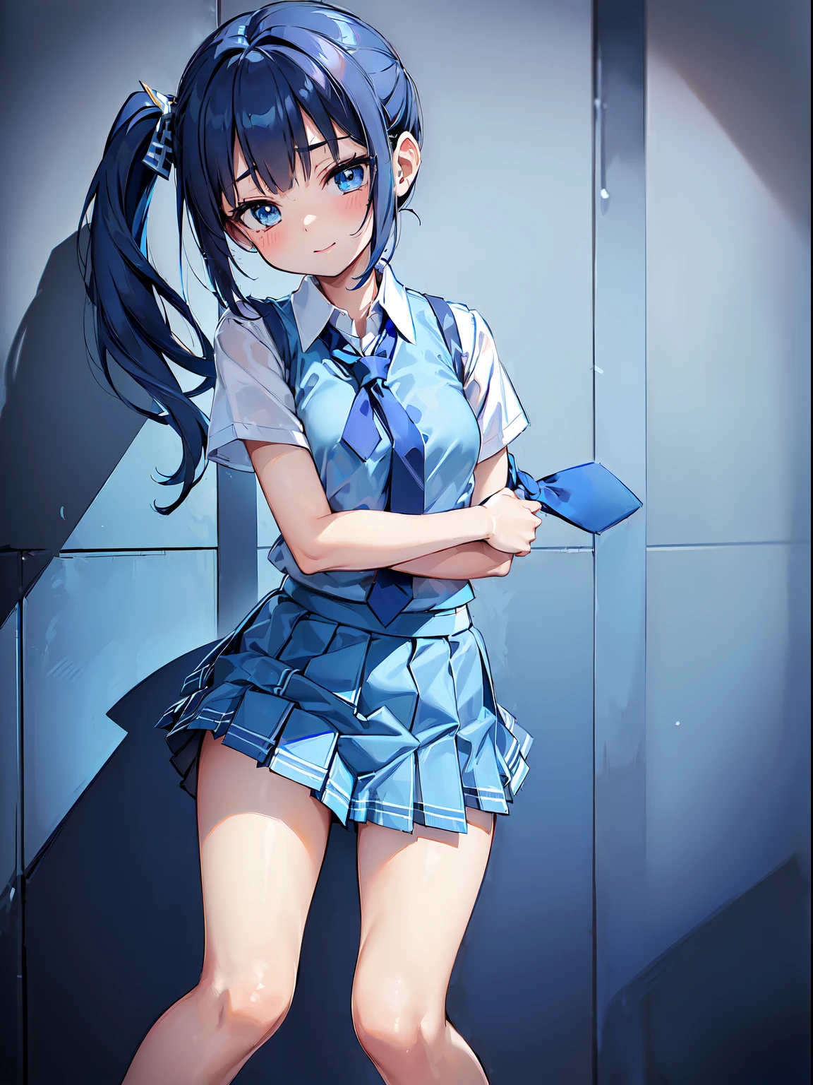 (RAW Photos, Best Quality), (animesque: 1.2), (2,sweet japanese gal), (short-cut, poneyTail), (Sharp facial features), (Highest Quality:1.2), Wet body, Glossy lips, Smile, 鎖骨, Pretty face, (The face is small), Beautiful eyes, long eyelashes, slenderbody, ((blue tie:1.5, Blue pleated skirt with check pattern:1.5)), (hug), (school classrooms), Soft lighting, High quality, Professional Lighting, Photon mapping, Physically Based Rendering, Perfect limbs, Perfect Anatomy, tre anatomically correct,