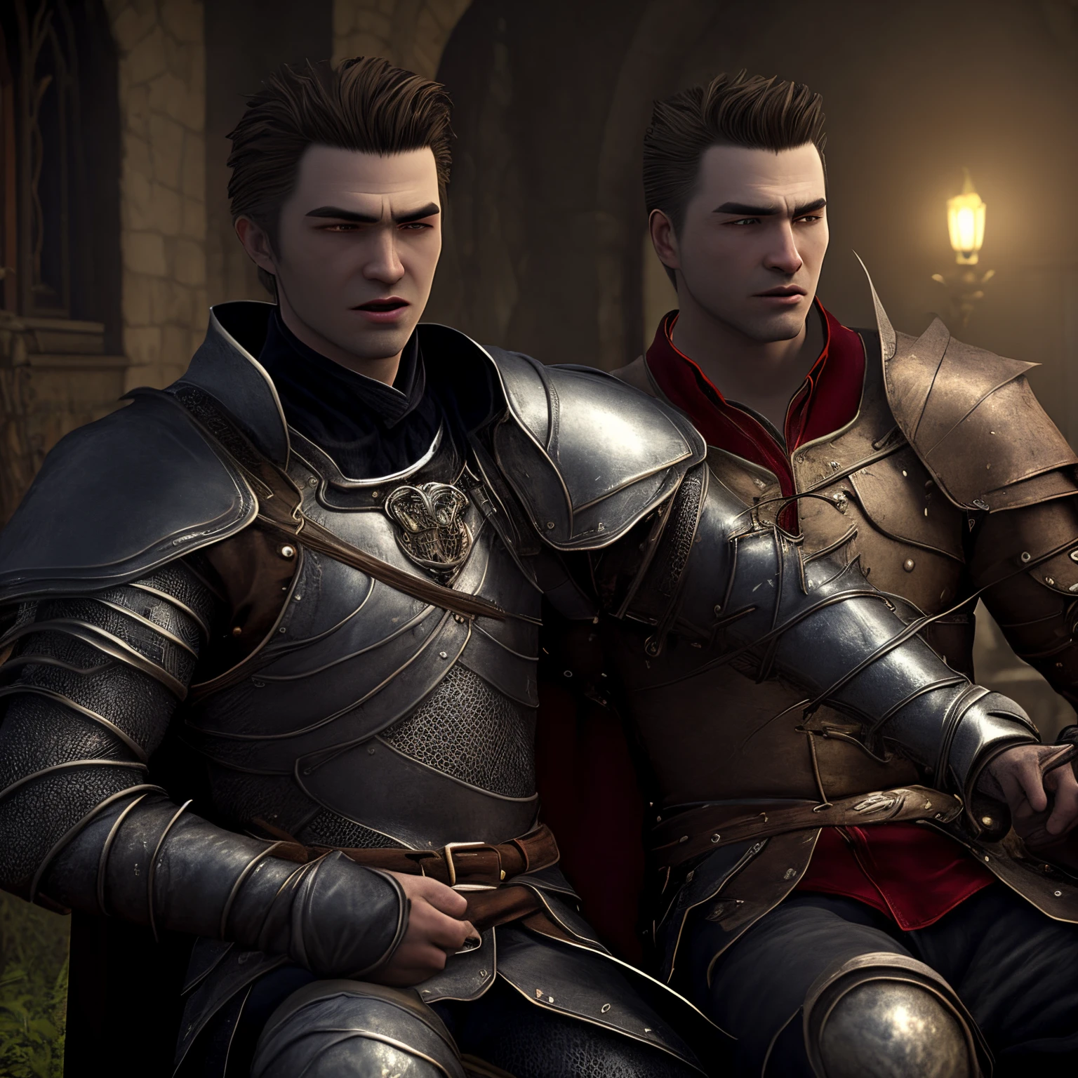 A 3d rendered cutscene in a game of a male Vampire. He is holding hands with a male knight, distraught. The knight is in his lap, dead. The vampire has his eyes closed, and has long brown hair. The vampire has his eyes closed because he is blind and can’t see, but he knows his lover had passed and it leaves him crying.