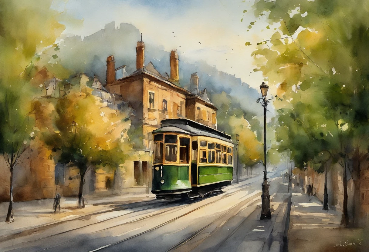 The image depicts a scene with a vintage-looking tram on a street, rendered in a watercolor painting style. The tram is centered in the image, with its front facing the viewer. It appears to be a classic design, possibly from the early to mid-20th century, painted in a dark green with details in cream or light yellow. The street is lined with trees that suggest it might be late summer or early autumn, given the green leaves with hints of yellowing. The background is slightly out of focus, with hints of buildings on a hill, suggesting this could be a scene from a city with hilly terrain. The overall impression is somewhat nostalgic and serene.