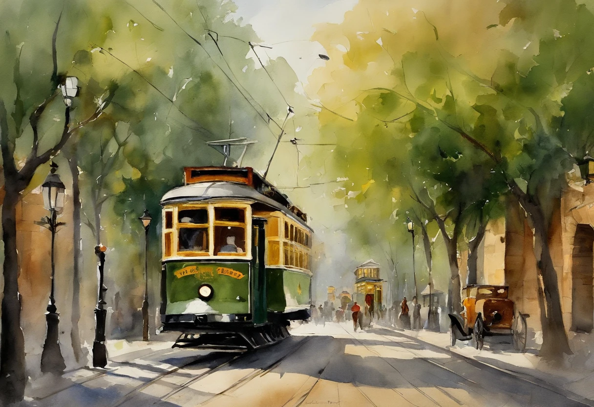 The image depicts a scene with a vintage-looking tram on a street, rendered in a watercolor painting style. The tram is centered in the image, with its front facing the viewer. It appears to be a classic design, possibly from the early to mid-20th century, painted in a dark green with details in cream or light yellow. The street is lined with trees that suggest it might be late summer or early autumn, given the green leaves with hints of yellowing. The background is slightly out of focus, with hints of buildings on a hill, suggesting this could be a scene from a city with hilly terrain. The overall impression is somewhat nostalgic and serene.