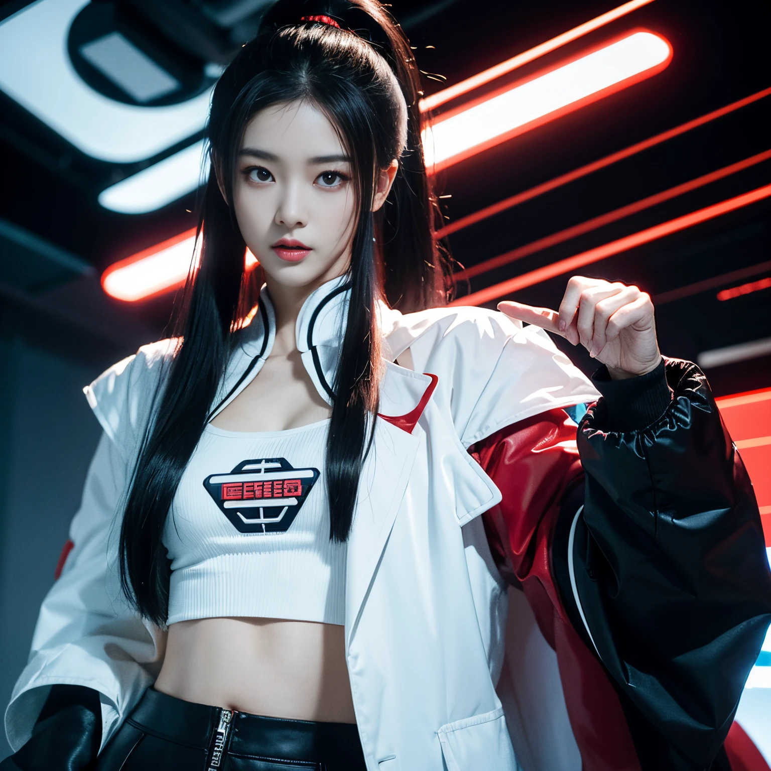 ChineseGirl,20yr old,researcher,Bust photo,longponytail,black color hair,floated hair,red color eyes,A plump chest,Open white coat,Crop tops,Lingerie with a slinger,scholar clothing,close your mouth,sideways standing,elegant and charming,Calm and serious,Futuristic fantasy,Lab scenario,Mechanical instruments,Futuristic tech style,cyber punk perssonage,hyper realisitc,8K,be full of details,actual