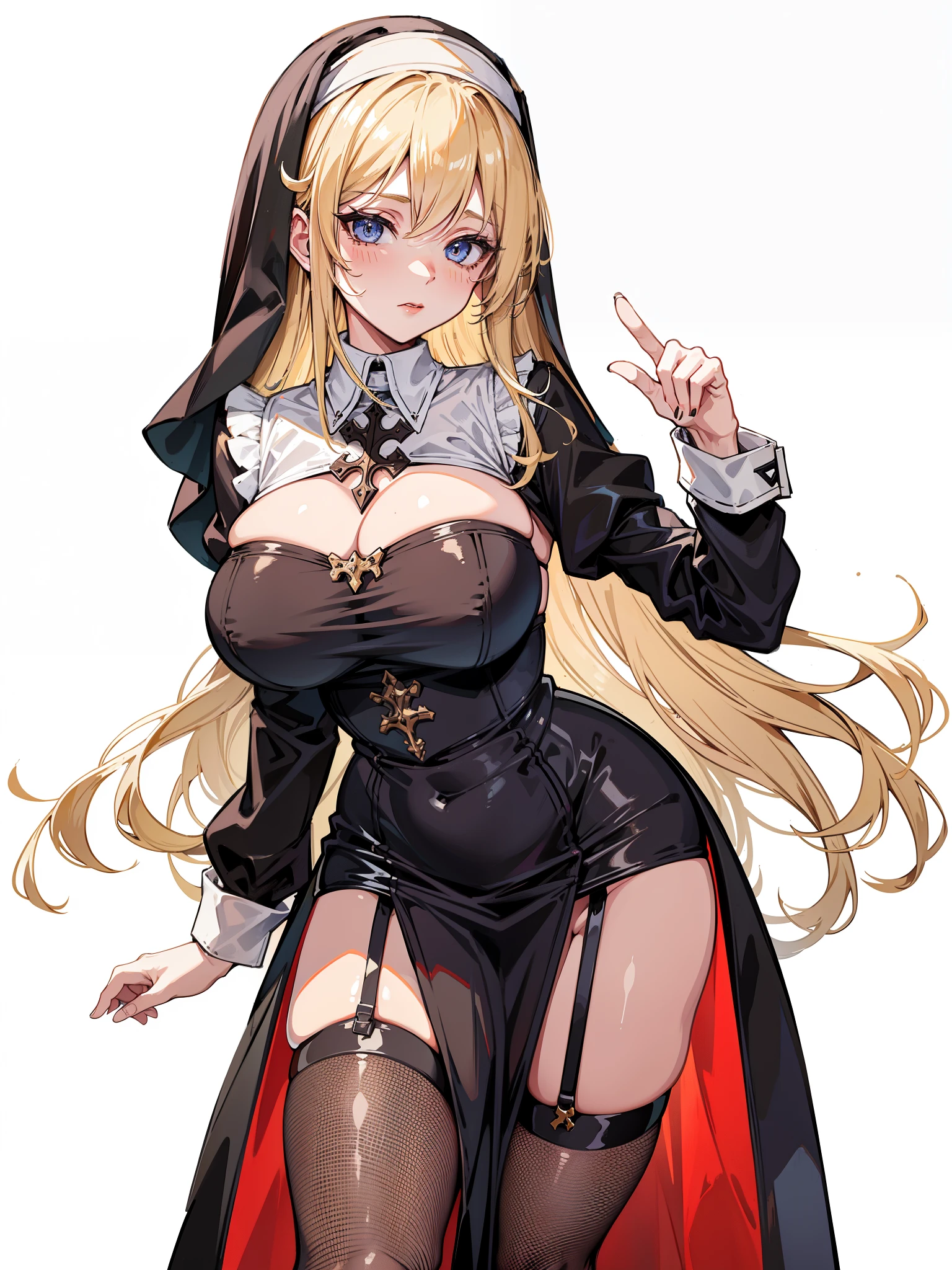 1girl,milf,blonde hair hair,black fishnet stockings,nun, large breasts,mature sexy face