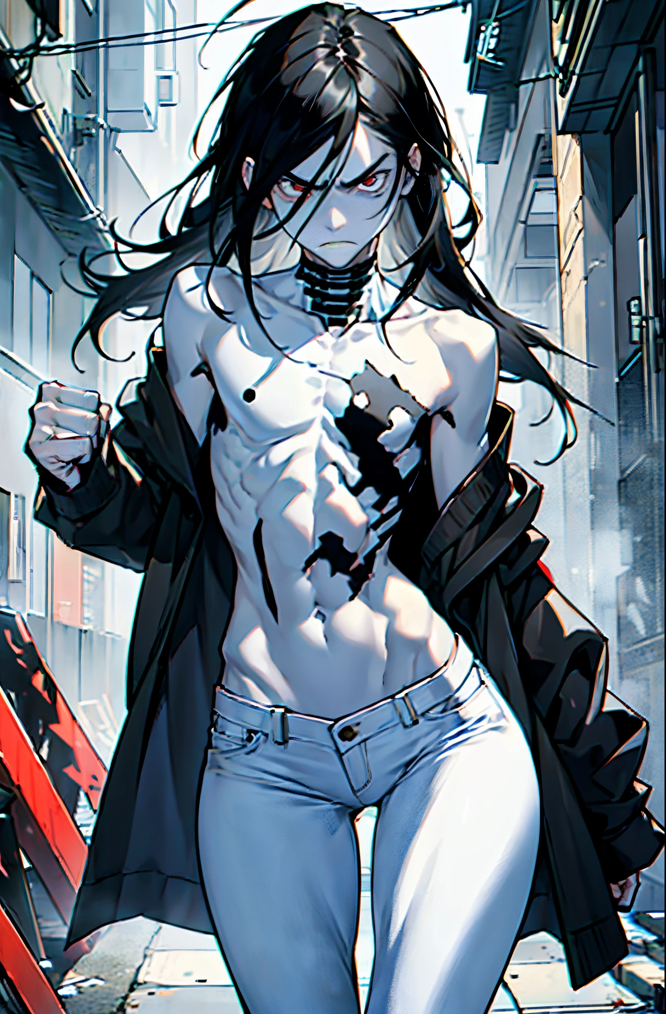 Girl ((((((1 skinny girl)))))) black hair, Eyes of different colors, pale skin, frown, straight hair, Hair between the eyes ,The clothes , in clothes ,Embossed body,threatens with his fist ,frenzied,Screams,very angry,clenched fist ,prepare to strike