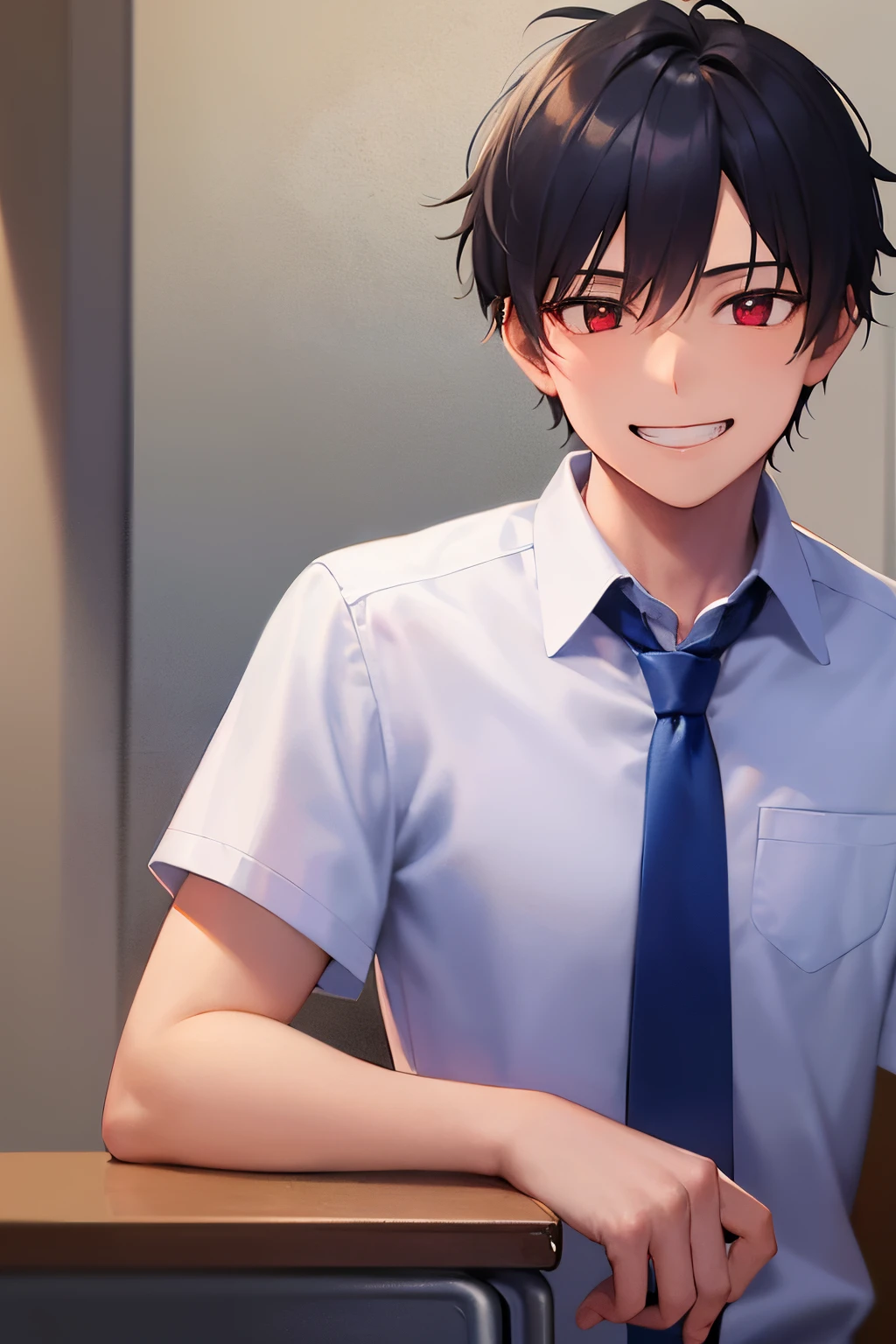 ​masterpiece、hightquality、18 year old male with short black hair and red eyes、Wearing a high school uniform、white  shirt、blue tie、(Alone:1.5)、(grin:1.1)、(Only the upper body is shown.:1.3)、be in a school classroom、Bold composition、