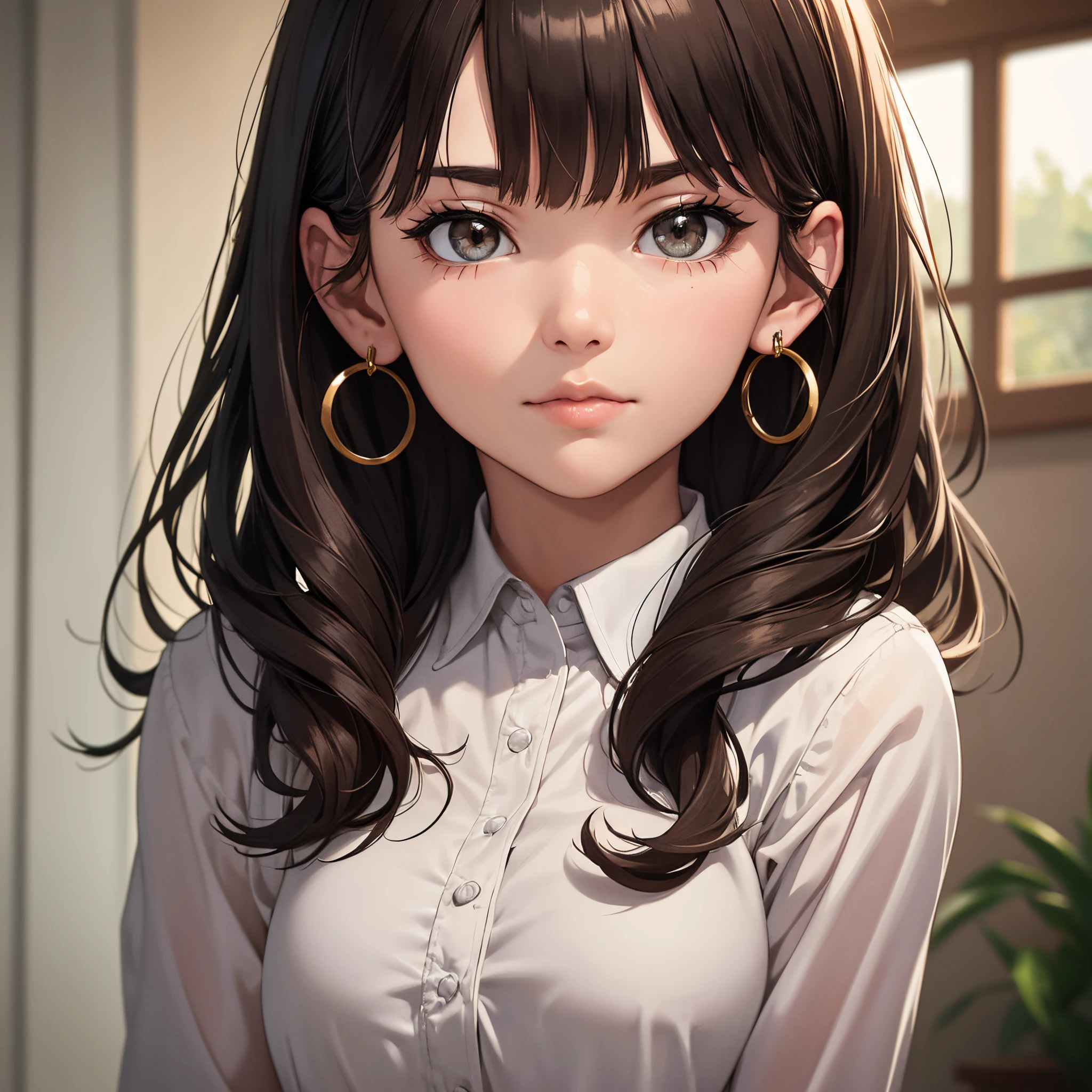 (masterpiece:1.2, best quality), (real picture, intricate details), solo, 1milf, home, close-up face, shirt, (front focus), large round earrings, Looking at me, bangs