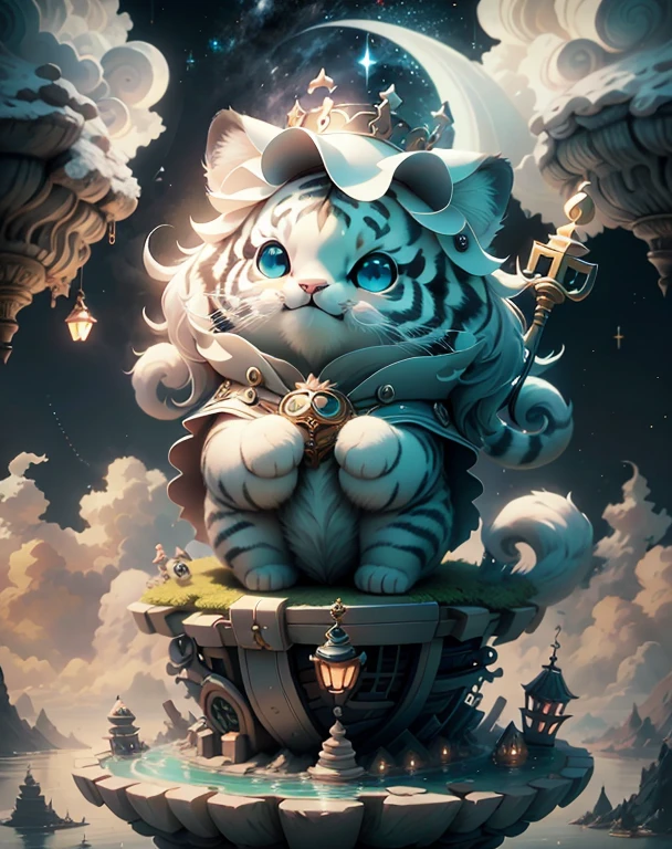centered composition, symmetrical composition, a tiny and cute white tiger perched on a palace situated on a cloud-covered floating island that drifts through the sky, with a magical anchor keeping it grounded in an otherworldly location, at midnight. highly detailed, high quality, 4k, uhd