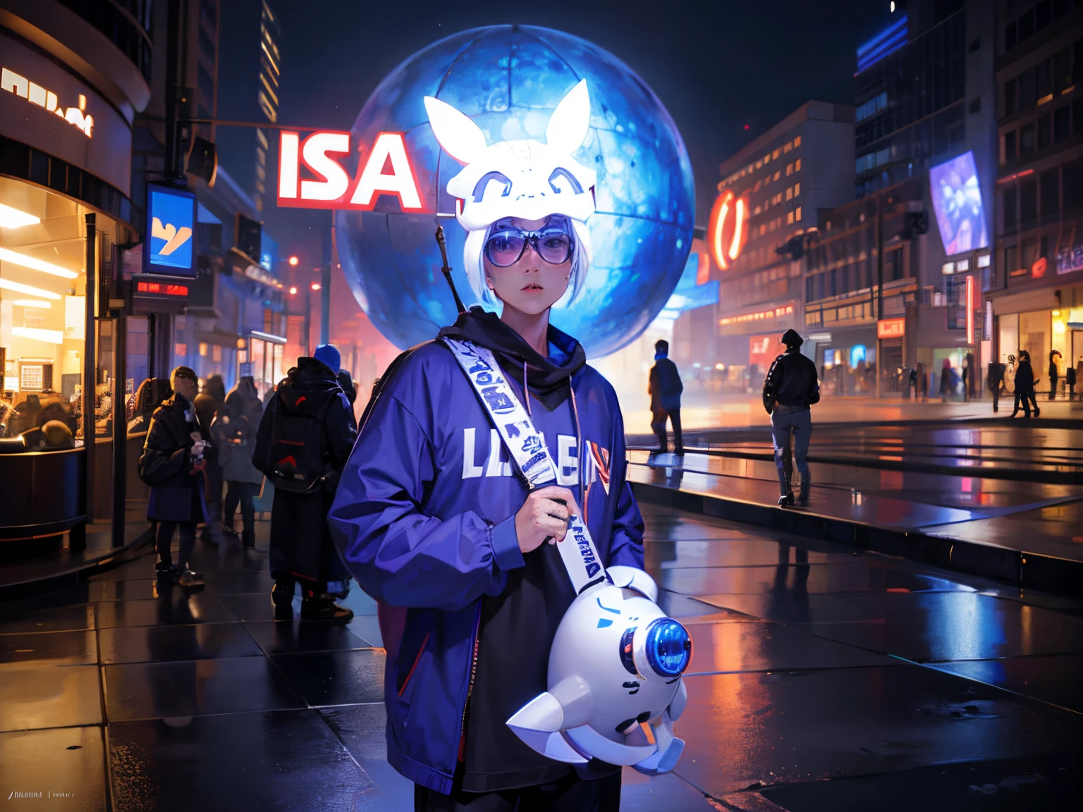 There is a man standing in front of a huge ball, Photos from 2022, in front of a sci fi cityscape, Full body and clothing, dress up as a fisherman 🧥, (((Luke Jue))), and a giant robotic owl.., with robot dragon head, lunar themed attire, SSAO 8k, razor blade in drain pipe