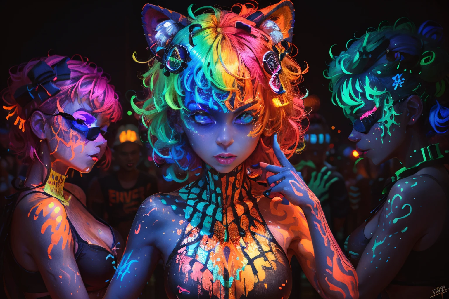 masterpiece,
best quality, ultra-detailed, photorealistic, girls, all covered in fluorescent paint, crowded club, rave, neo-fauvism, ultraviolet and neon colors, fluorescent skin, dripping in neon paint, psychedelic photoluminescent, blacklight neon colors, fluo colors, neon face paint, glow, blacklight, with neon night spots, black light rave, Blacklight,