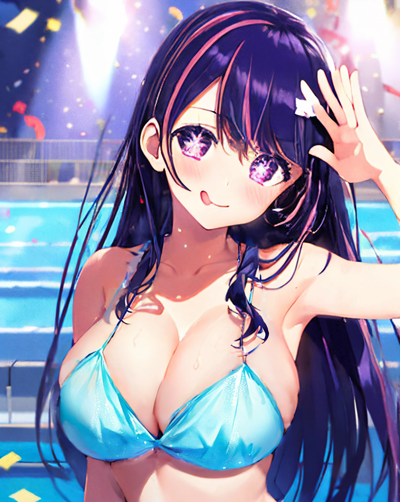 huge breasts, cleavage, extra small diamond micro bikini with a long strap connecting the two pads in the middle