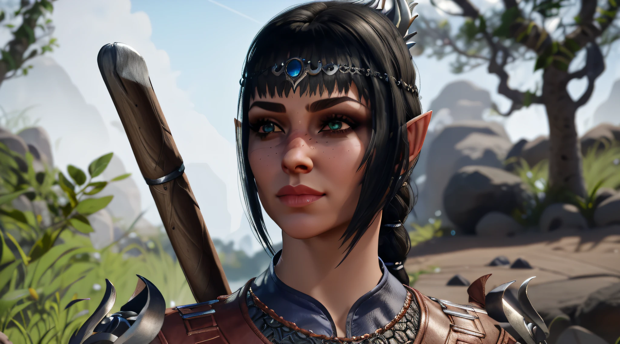 um close up de uma pessoa em armadura segurando uma espada, elven character with smirk, Mulher meio elfa, colorful Elder Scrolls, Elfo Feminino, Personagem pequeno. Motor Unreal 5, protagonista feminina, personagem feminina, metade orc metade elfo mulher, arte do personagem do motor irreal, Unreal Engine 5 Qualidade, muito bonito elven top model