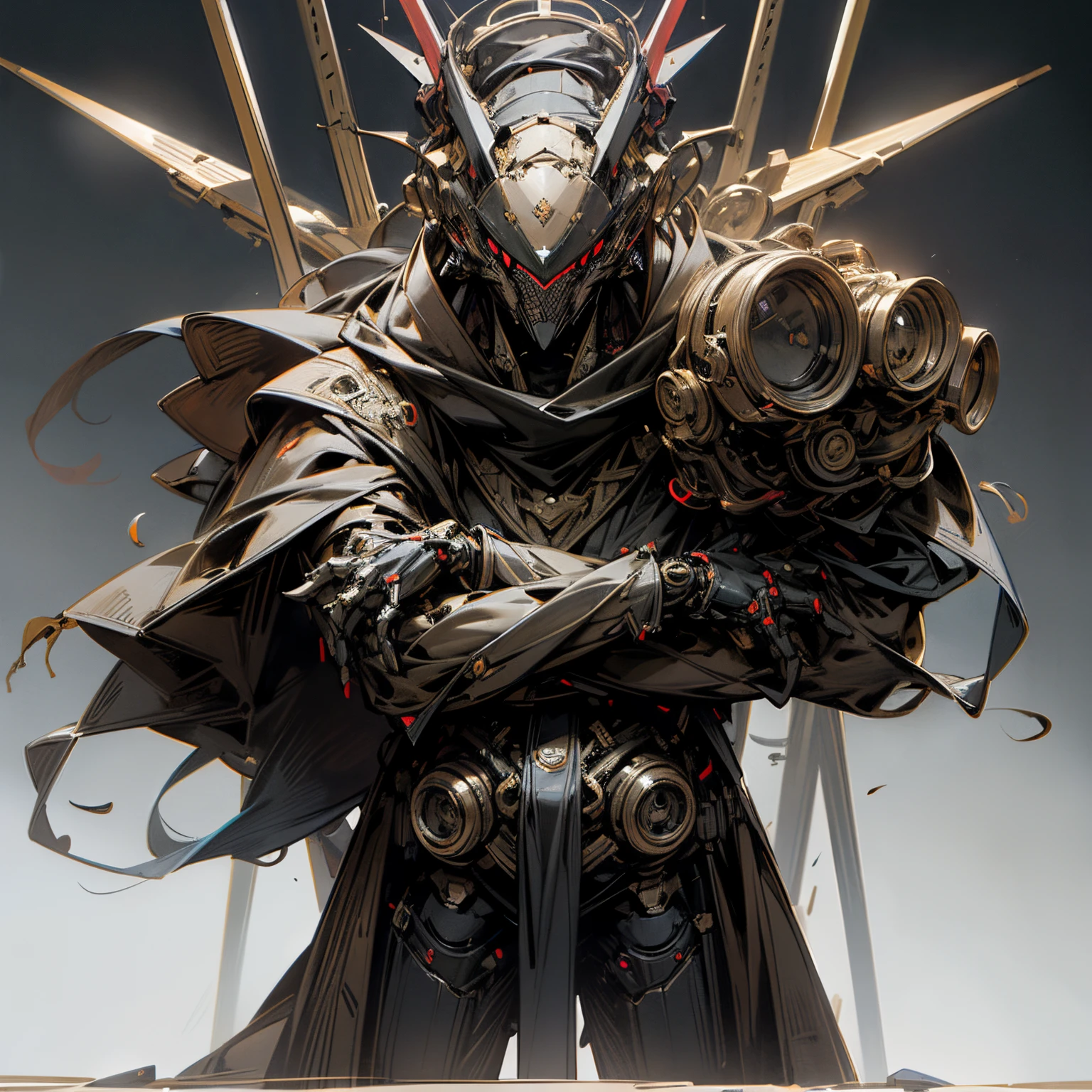 Standing at the ready, unique robot body, non-humanoid, very wide flat head, very strong frame, three eyes in the shape of a triangle on the face, wide head sticking out either side, very mechanical frame, very unique angular design, masculine design, robotic mask, menacing,
