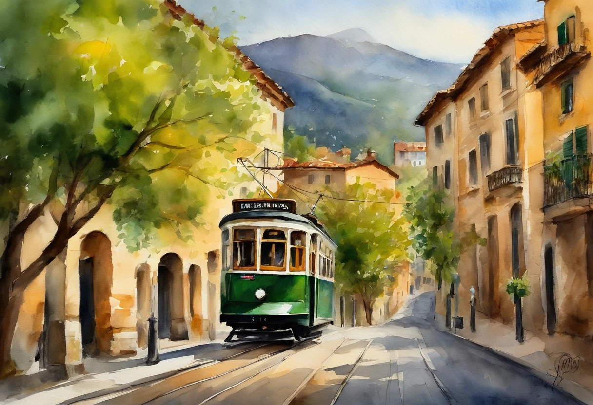 The image depicts a scene of a vintage tram on the street, Presented in watercolor style. The tram is in the center of the image, its front faces the observer. It seems like this is a classic design, Probably early to mid 20th century, painted dark green,Details in cream or light yellow. The streets are lined with trees,Indicates it may be late summer or early autumn, Green leaves slightly yellowish. The background is slightly out of focus, Buildings on the mountain are vaguely visible, A scene suggesting that this may be a hilly city. The overall impression is a bit nostalgic and peaceful.