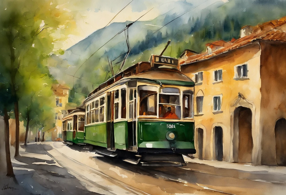 The image depicts a scene of a vintage tram on the street, Presented in watercolor style. The tram is in the center of the image, its front faces the observer. It seems like this is a classic design, Probably early to mid 20th century, painted dark green，Details in cream or light yellow. The streets are lined with trees，Indicates it may be late summer or early autumn, Green leaves slightly yellowish. The background is slightly out of focus, Buildings on the mountain are vaguely visible, A scene suggesting that this may be a hilly city. The overall impression is a bit nostalgic and peaceful.