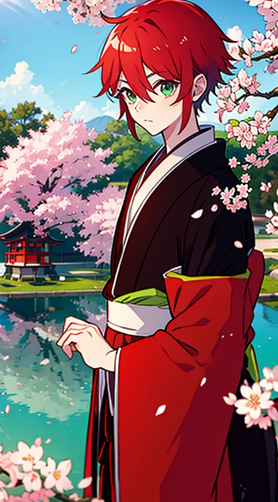 1boy,Red hair,green eyes,cute,high quality,Japanese garden,cherry blossoms