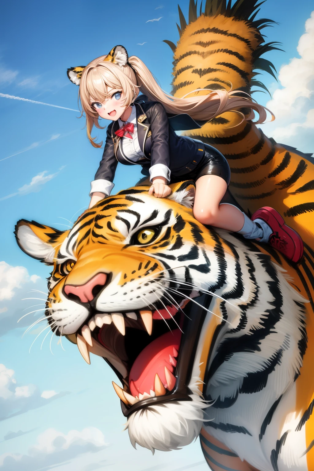 Cute girl, Riding on a very large tiger