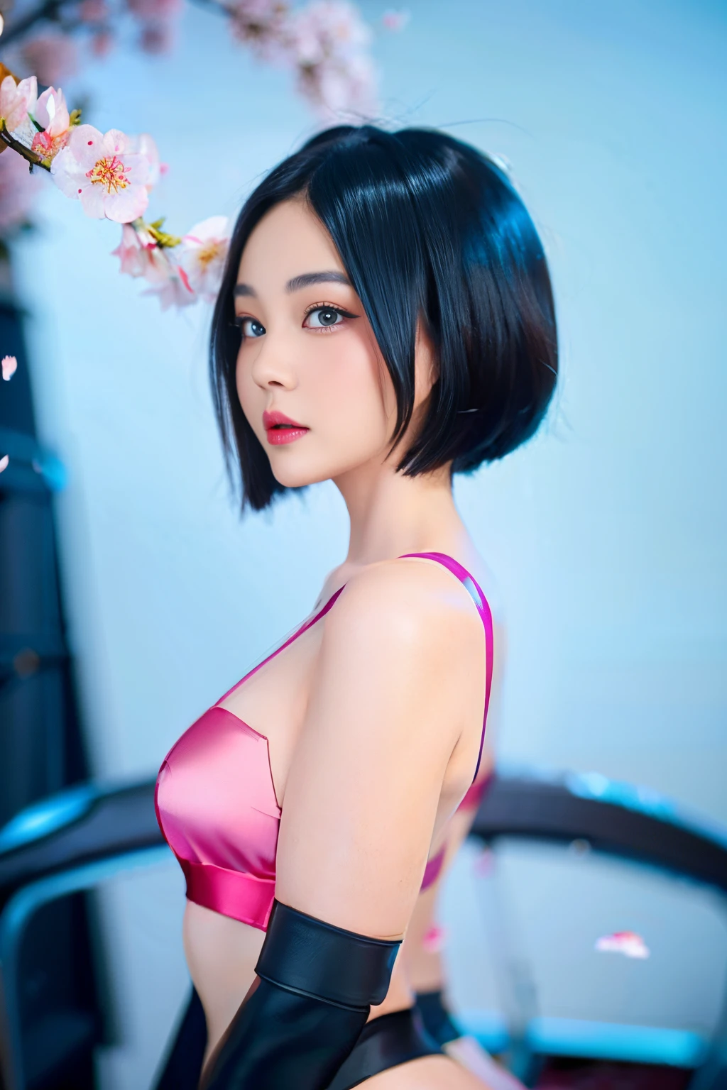 beautiful japanese young woman, wearing ninja armor, thick symmetrical features, very short hair, background is cherry blossoms, pink aura, red lips, octane render,