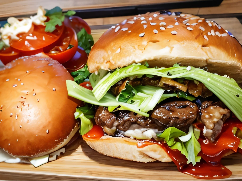 Beef Slice, Burger, Sauce, lettuce, tomato, onion