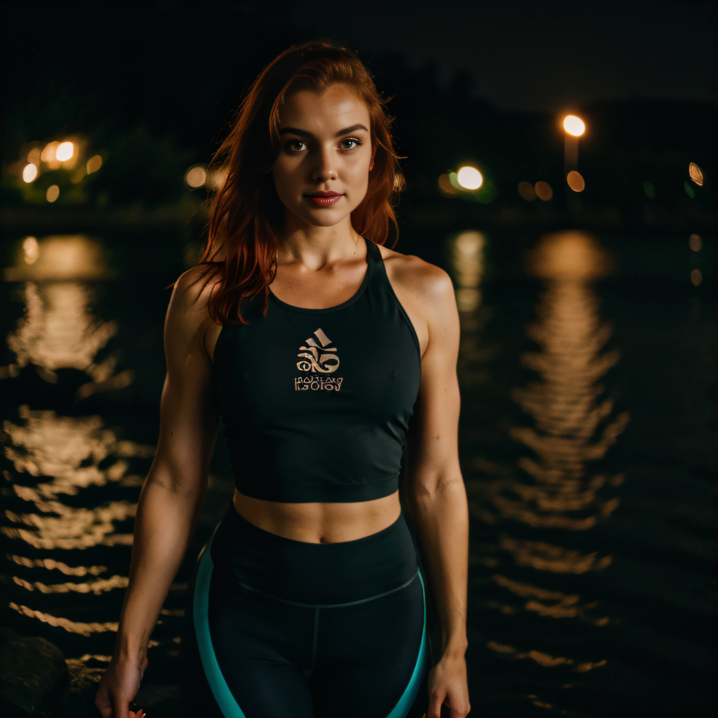 Deep photo of women doing yoga, depth of field, ferrania p30 film, shadows, messy red hair, perfect face and body, dark, fitness top and leggings nighttime, dark photo, grainy, dimly lit, seductive smirk, harsh camera flash, lake in the background