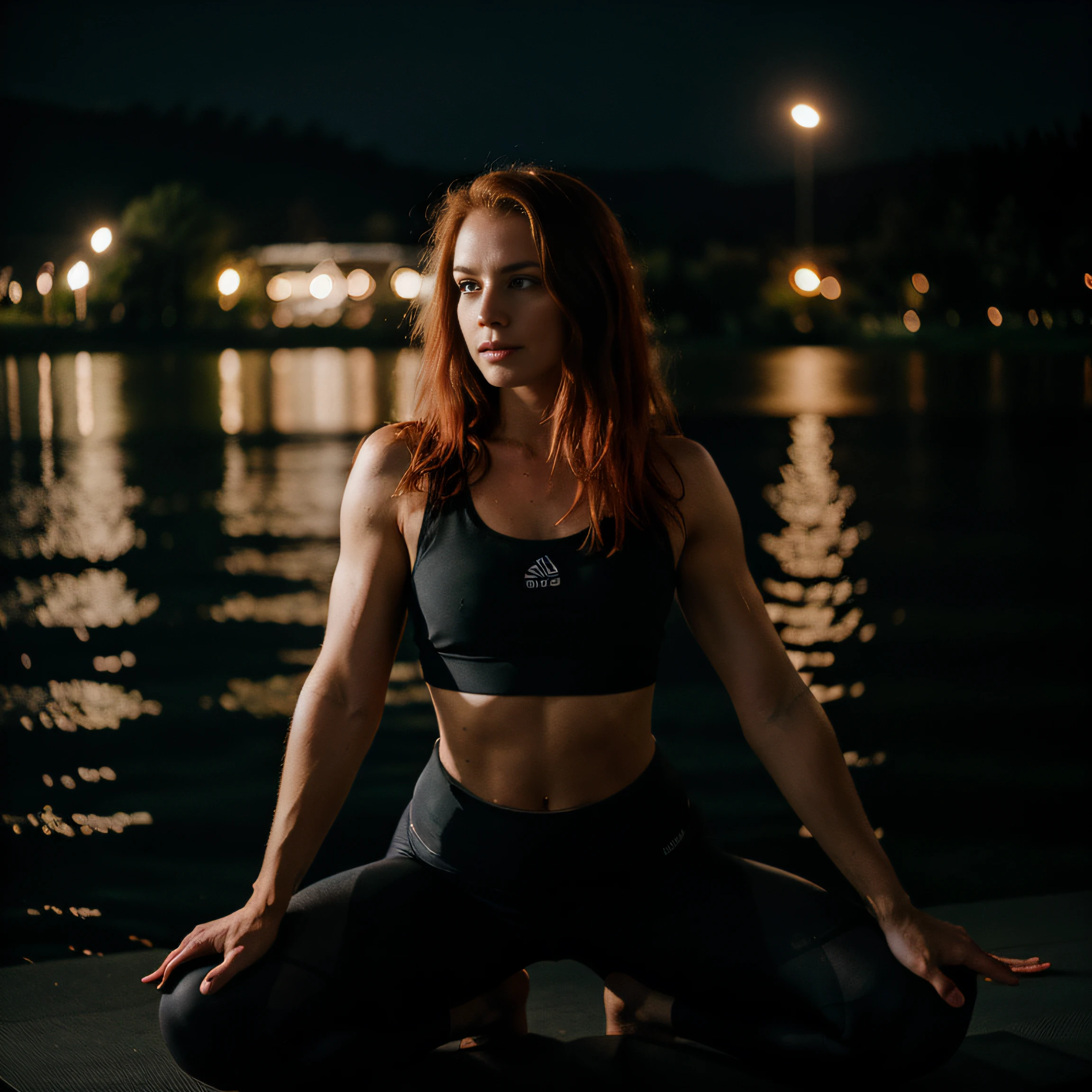 Deep photo of women doing yoga, depth of field, ferrania p30 film, shadows, messy red hair, perfect face and body, dark, fitness top and leggings nighttime, dark photo, grainy, dimly lit, seductive smirk, harsh camera flash, lake in the background