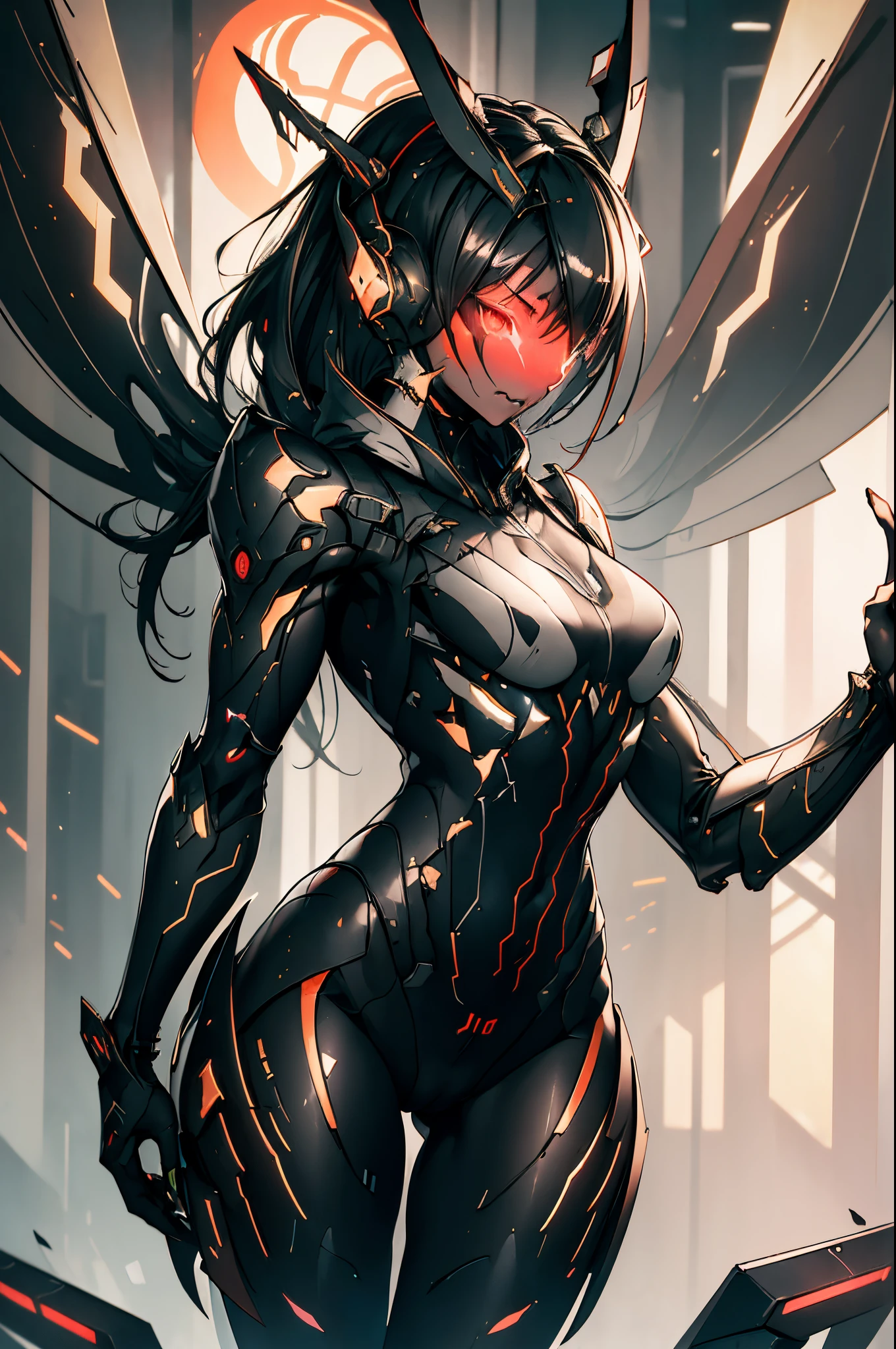 {{{{{masterpiece, best quality, official art, 8k, high resolution illustration}}}}}, 1girl, cute, 2d, japanese, hand drawn, anime style, girl in a smooth curve, matte black bodysuit inspired by a futuristic stealth bomber, (plane tail-ear headphones:1.6), The United States Air Force logo on outfit, standing on a runway military airport, gaze angled 30 degrees to the side, (fighter plane wings:1.6), black hair, red eyes, cross pulpils, glowing eyes, dark uniform, thick thighs, serious, long legs, adult, detail wings, (muscular girl:1.5), black uniform, muscular arms, triceps, biceps, (8-pack abs:1.3), (deadly:1.2), (horrible:1.2), (piercing gaze:1.2), machine of death, emotionless android, the most dangerous weapon of the world, cyborg girl, strong girl, overwhelming presence, warlord, humamized fighter, red antennas on head, {black bodysuit}, black latex pants, lips