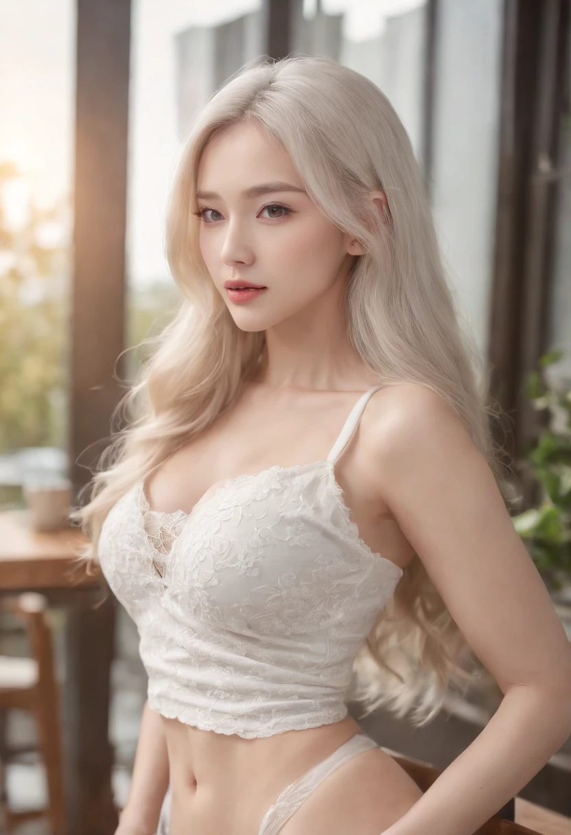 (Long-haired blonde, perfect white hair girl, Korean facial features, Has white hair, gorgeous young korean woman,)), ((Her beauty is undeniable)), ((Excited cute face)), ((Ultra-detailed perfect eyes,)), ((Cute pose)), ((Stick out her tongue)), ((Cleavage is seductive )), sexy for, (( Skinny mesh shirt, sexy shorts)), ((Expose her belly)), ((Eternal, Front view)), ((caress your legs in sexy poses)), ((Cafe)), Sharp Focus CGI, realistically, high detal, actual, tmasterpiece, Ridiculous resources, Best quality, HighDynamicRange, high high quality, k hd, The content is very detailed, 8k wallpaper, Complicated details, 8k ultra high definition, Full-HD, (photograph of-realistic:1.2), to contrast, glaring lights, 电影灯光, natural  lightting, strong lights, The light from the rear window is backlit, globalillumination, Environmental occlusion