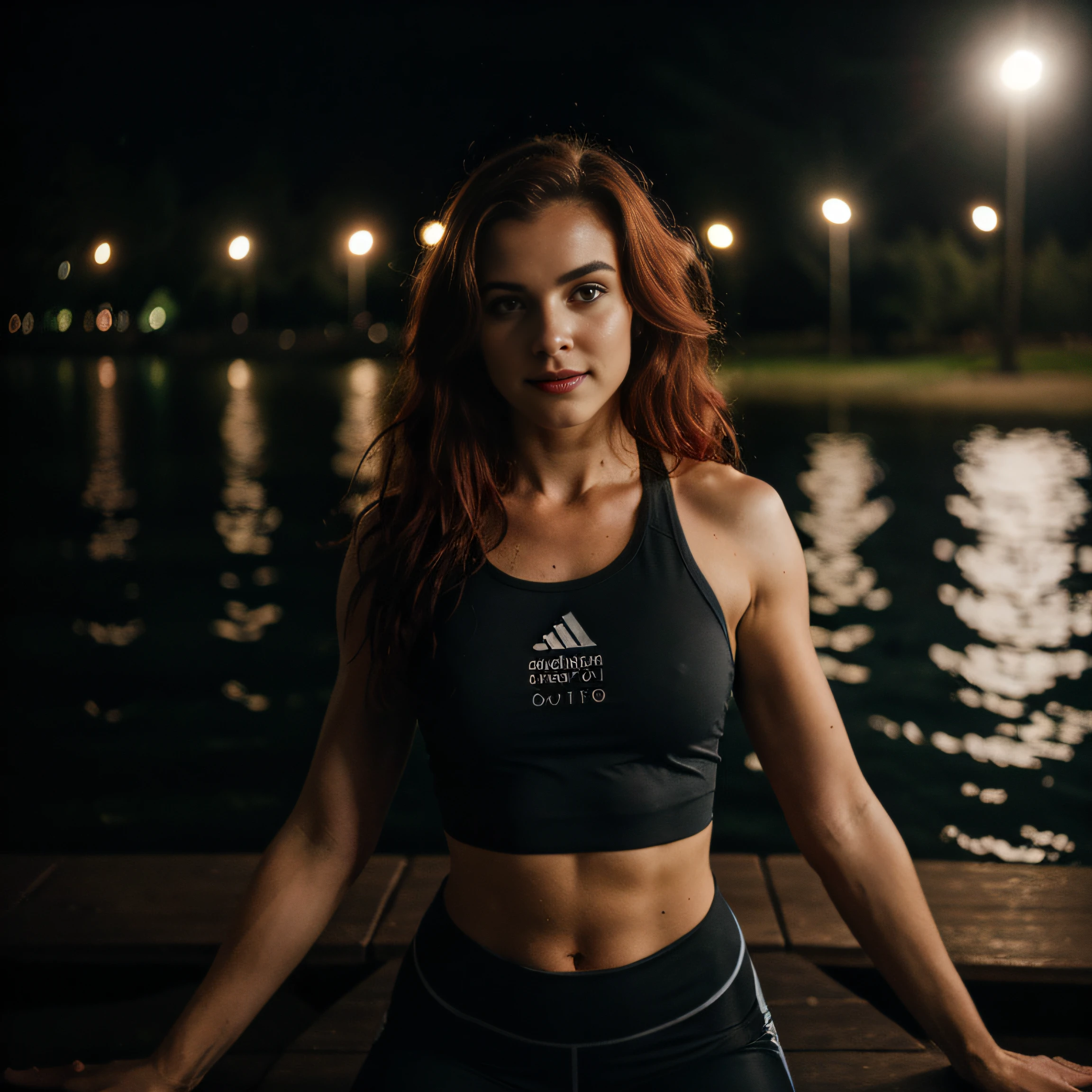 Deep photo of women doing yoga, depth of field, ferrania p30 film, shadows, messy red hair, perfect face and body, dark, fitness top and leggings nighttime, dark photo, grainy, dimly lit, seductive smirk, harsh camera flash, lake in the background