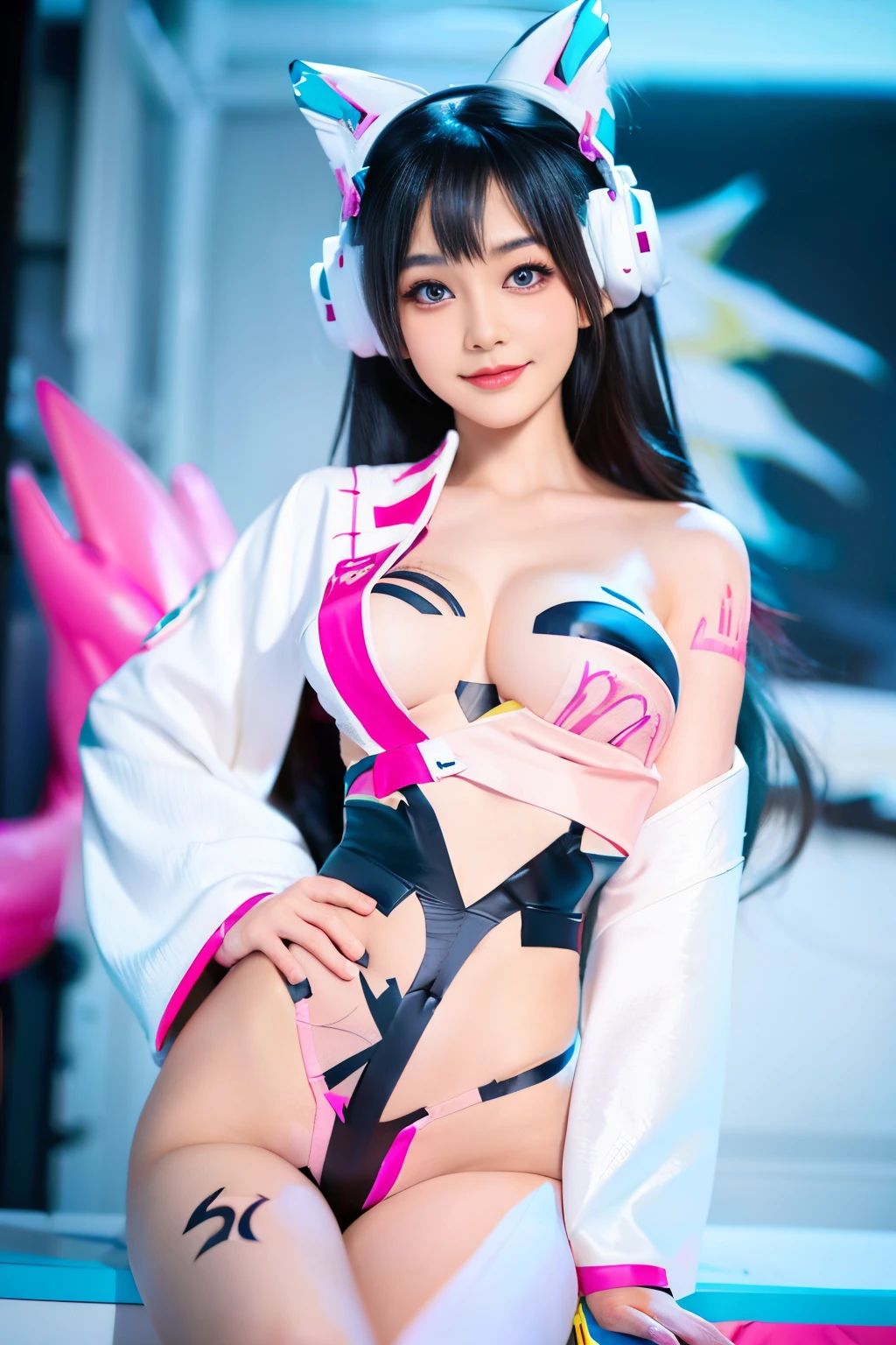beautiful japanese young woman,Solo, Happy smiling official art, Unity 8k wallpaper, Ultra detailed, Beautiful and aesthetic, Beautiful, Masterpiece, Best quality, Kitsune witch, kitsune mask, Pink and white haori jacket, Foxfire spell, The fox is familiar, Transformation,Depth of field,