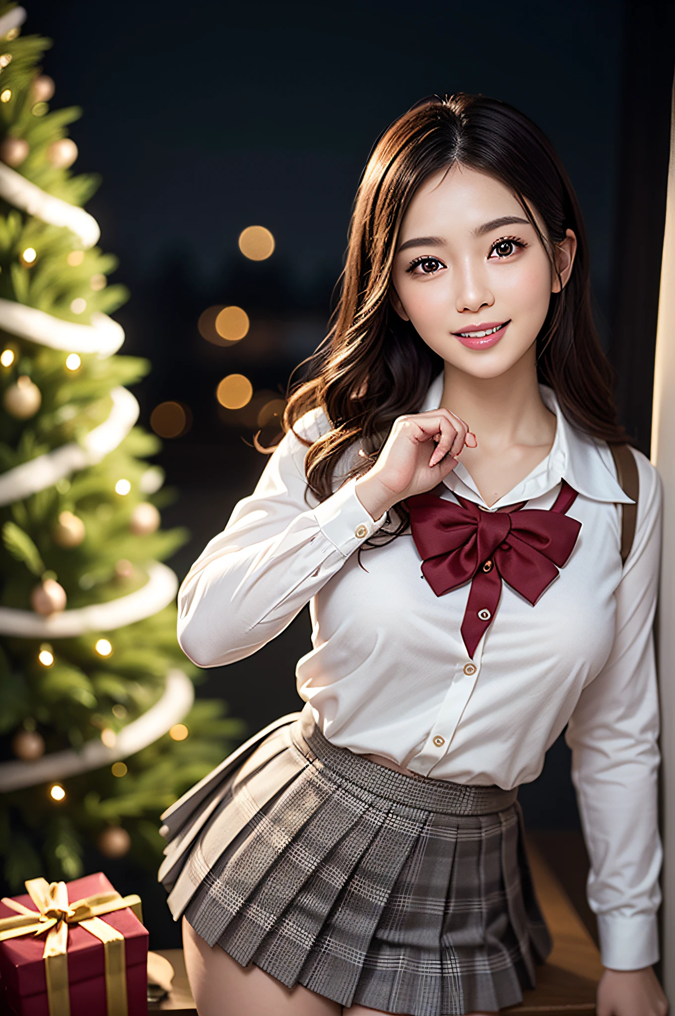 (1 cute girls), Extremely cute, Amazing face and eyes, (Beautiful lovely smile), (extremely detailed beautiful face), bright and shiny lips, (School uniform, Pleated skirt:1.3), (Best Quality:1.4), (hyper quality), (Ultra-detailed), (Hyper-realistic, Photorealsitic:1.37), Authentic skin texture, intricate-detail, extremely detailed CG unified 8k wallpaper, RAW Photos, professional photograpy, Cinematic lighting, Exposing, Christmas tree, Christmas Ornaments, Christmas Decorations, Christmas Lights, christmas lights,