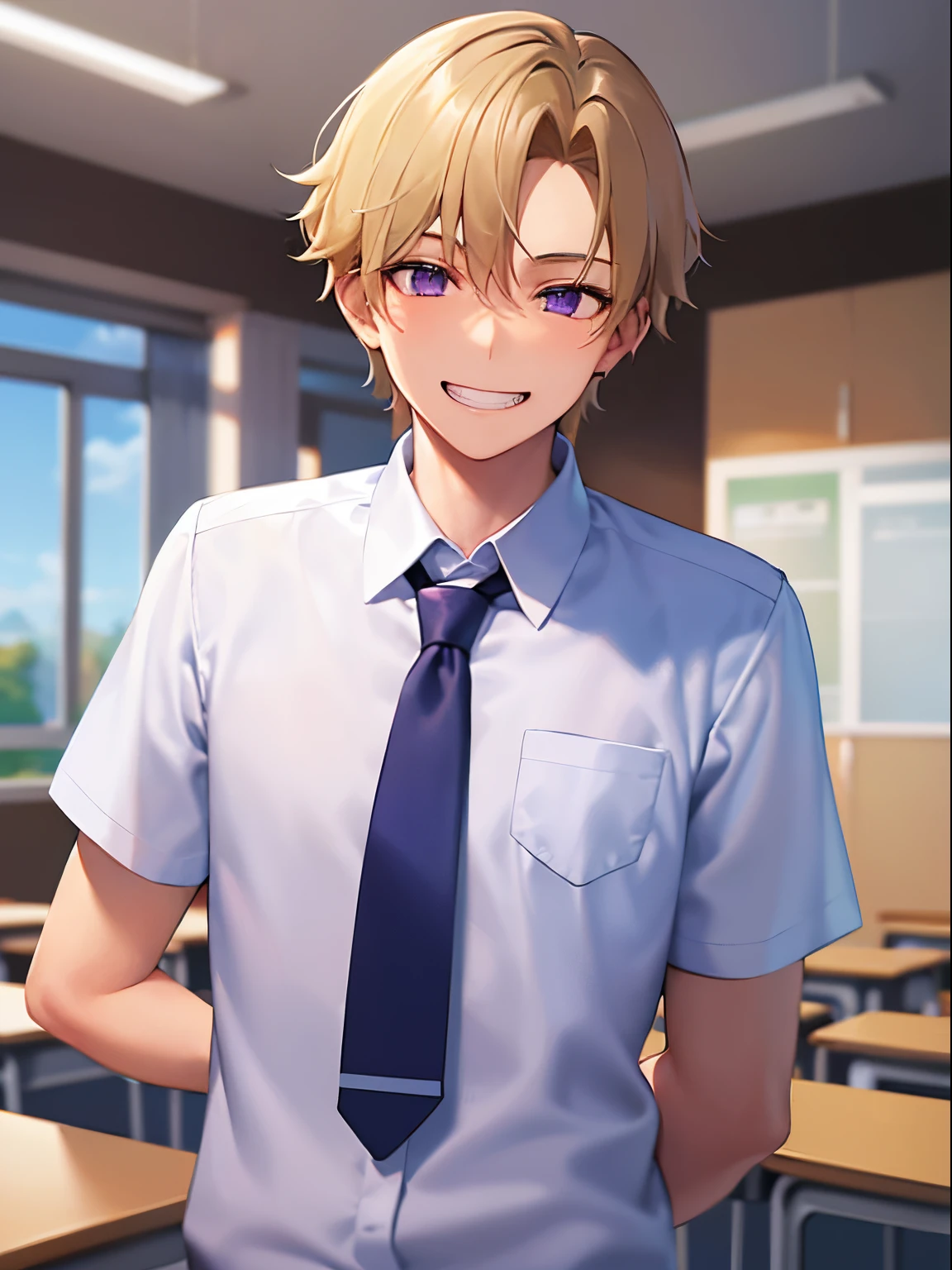 ​masterpiece、hightquality、18 year old male with short blonde hair and purple eyes、Wearing a high school uniform、white  shirt、blue tie、(Alone:1.5)、(grin:1.1)、(Only the upper body is shown.:1.3)、be in a school classroom、desk、Bold composition、