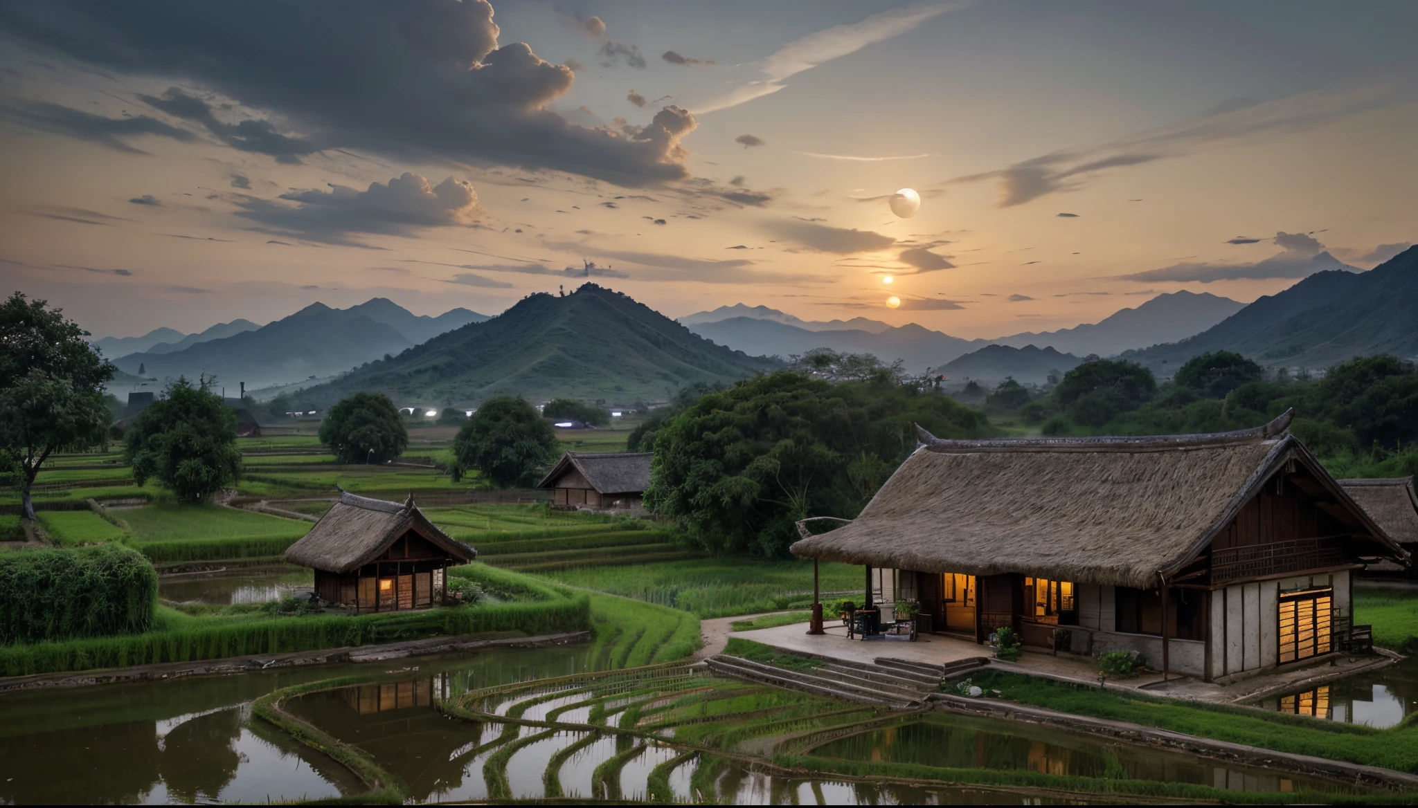 Countryside with rice fields, a thatched-roof house, buffalo, evening moon, kitchen smoke, beautiful old tree, hills, real-life imagery, beautiful stream, cloudy, Vietnamese countryside, night, it rians