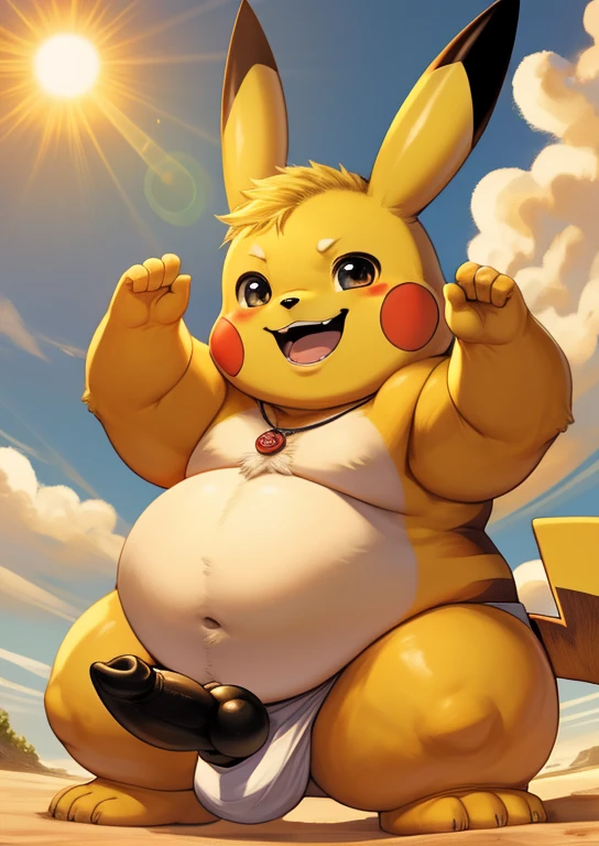 Correct body proportions,Black genitalia,Black glands,male people,Pikachu,chubbiness,small fat,Bare-chested,victory pose,The erection,Red genitalia,knot,palla,beer belly, male people, Detailed pubic hair, A high resolution,and the sun was shining brightly, tmasterpiece,Excessive obesity,Obesity in the extremities,Lift your feet,No hairstyle