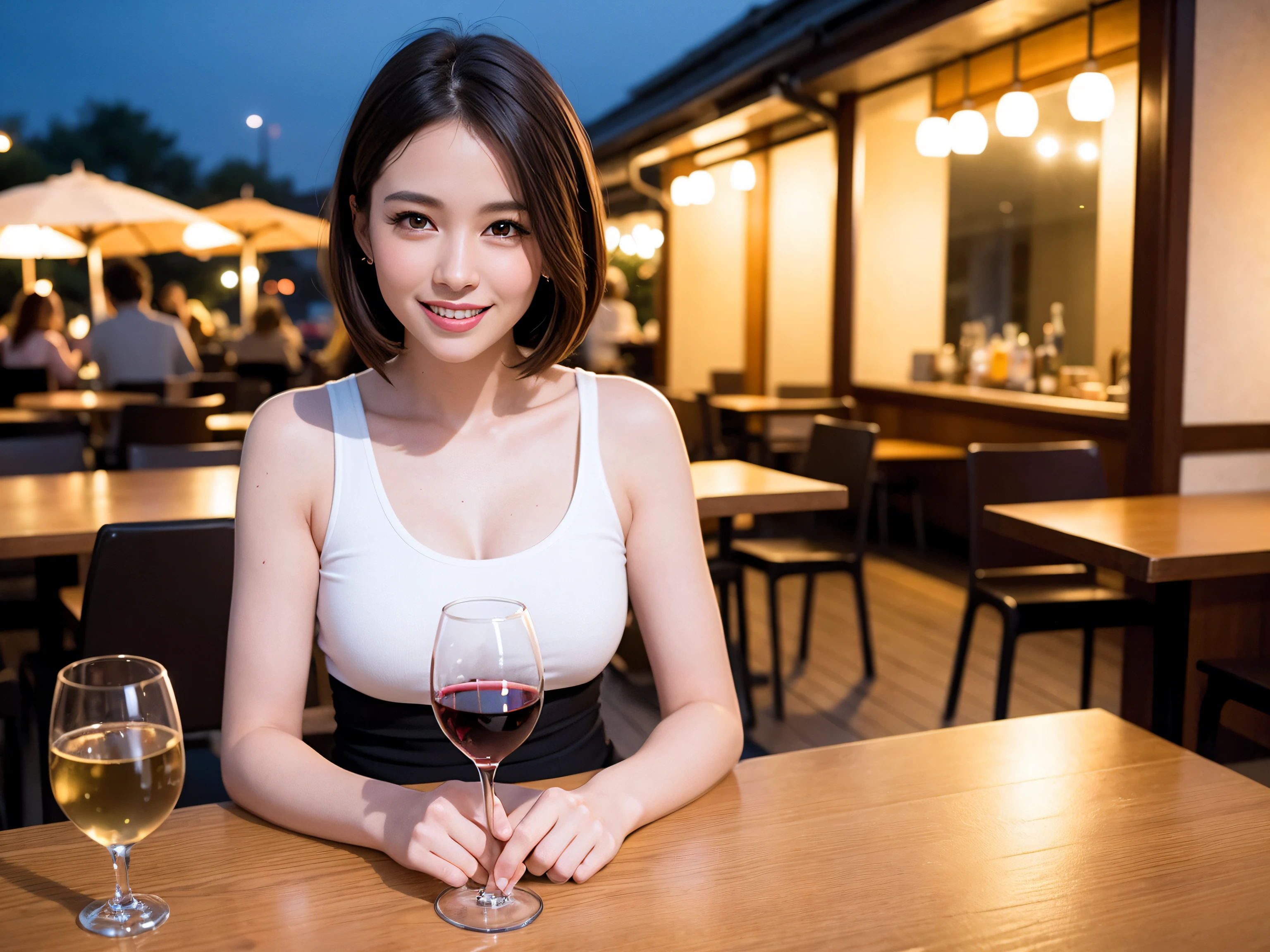 (64K, UHD, top quality, masterpiece: 1.2), (realistic, photorealistic: 1.37), super detailed, pretty woman 1 person, (slim face), (slim body), (brown hair), (short cut), cheeks slightly blushing, (35 years old), 38 years old, solo, beautiful detailed urban night view outside the window, restaurant, wine glasses sit, at night, in a prominent place (from the waist up) NovaFrogStyle, Actress, Model, Waist Up, White Wine, Slim, Wine Glass, Super Clean Night View, Wine Glass Put in the Middle, Happy Smile, (Smile: 1.15), Beautiful Fine Eyes, Upper Body, Bust Japan Up, Night, Short, Short, Actress, Model, Waist Up, White Wine, Slim, Wine Glass, Super Clean Night View, Wine Glass Put in the Middle, Happy Smile,