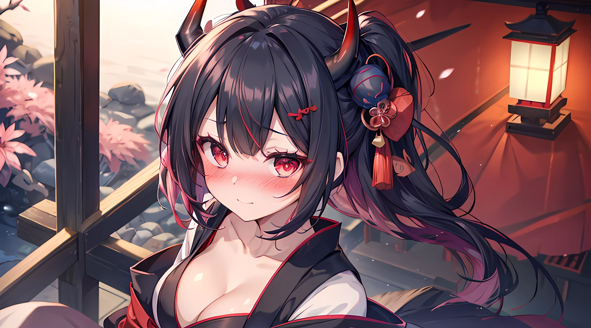 (1 demon girl), front lighting, demon horns, beautiful short kimono, cleavage, normal breast, detailed face, holding a katana, walking in japanese Shrine, white and black hair (two tone hair color), black hairpins, geisha hairstyle, red eyes, (blushing: 1.5), toothy smile, heart eyes, front lighting, 8k, masterpiece, ultra HD,