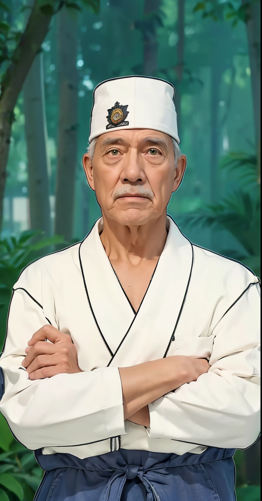 Real life adaption of this character ,Old Man face , realistic same hair , (realistic same outfit),,realistic background , realistic light, realistic shadow, realism, hyper realistic,(photorealistic:1.2), normal small eyes,