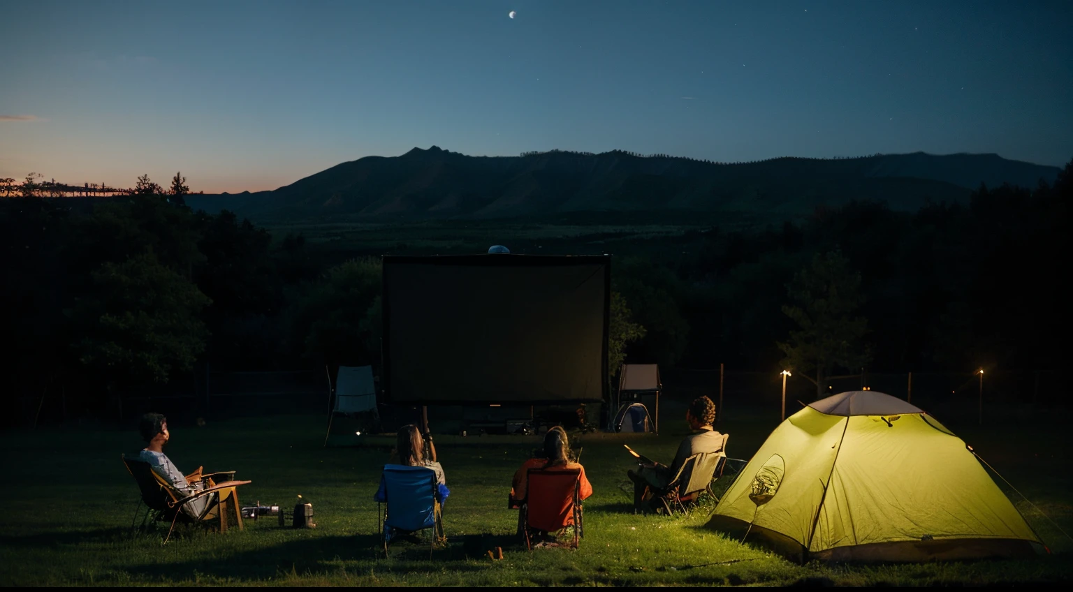 the night，outside，lawns，Vast land and sparsely populated，people sitting on tent chairs，front projection screen，Playing classic movies，